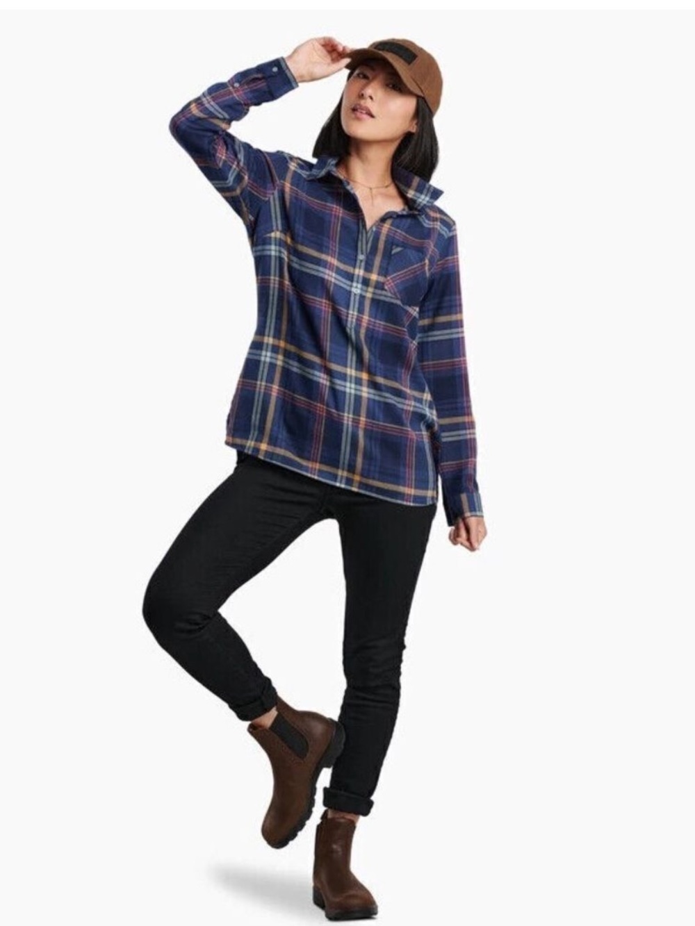 KUHL Flannel Tunic Button Down Ferrata Shirt Long Sleeve Blue Women's Sz Large